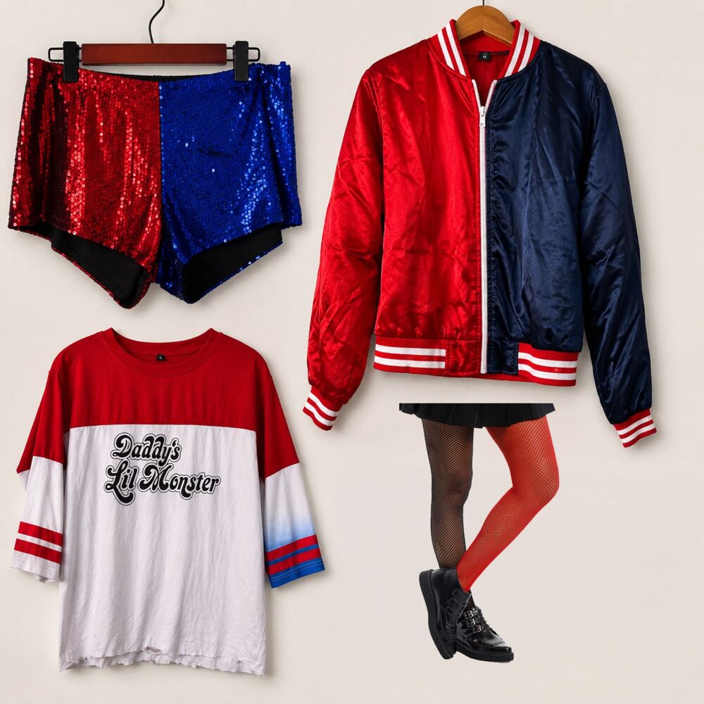 Harley Quinn Halloween Costume Set Size L Sequin Shorts Jacket Shirt